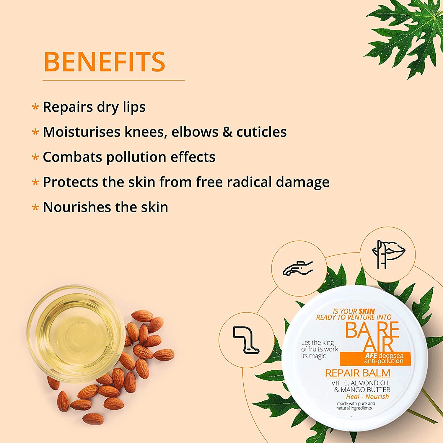 Buy Bareair Moisturising Lip Balm With Vitamin E, Almond Oil & Mango