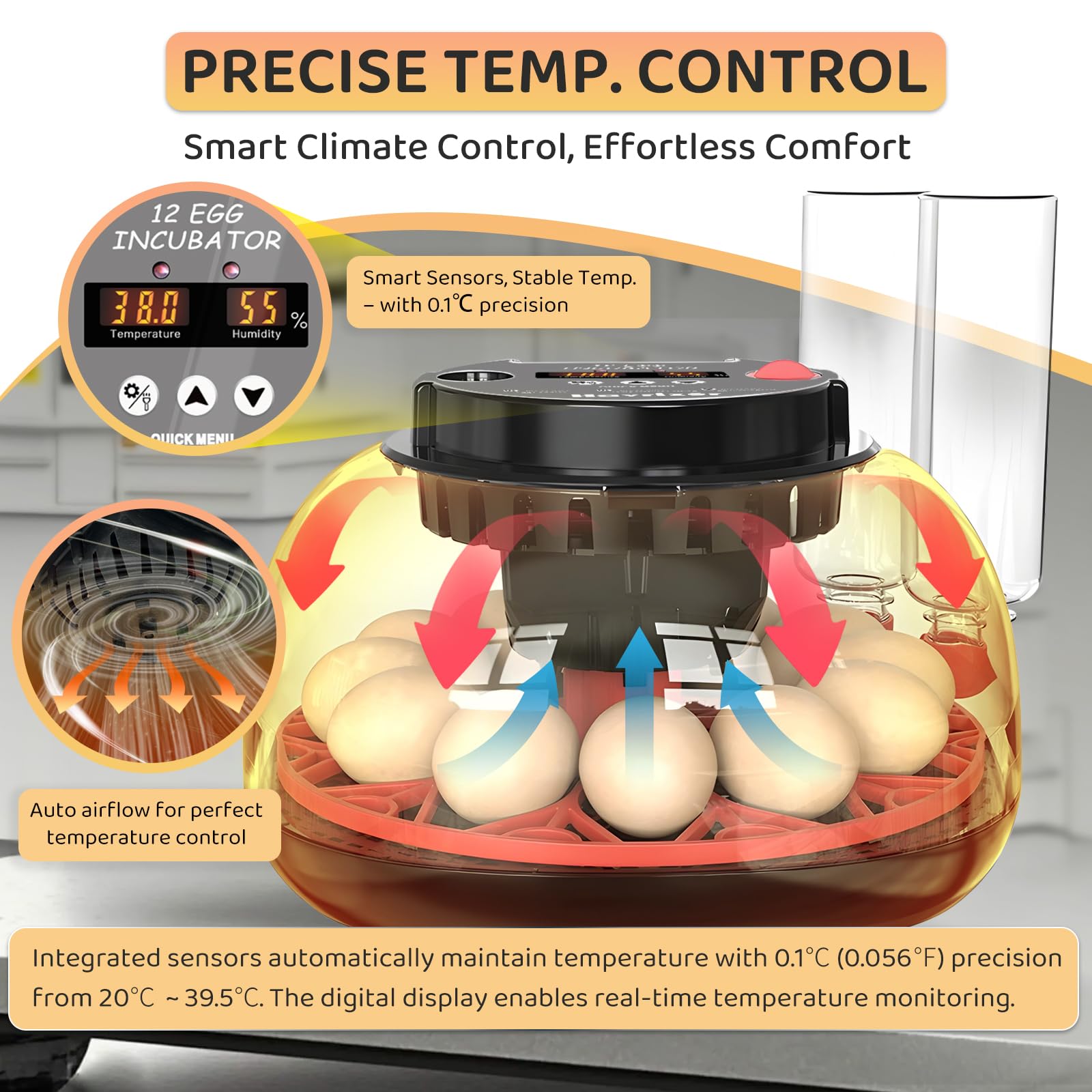 12 incubatrici per uova da cova con rotazione automatica delle uova, controllo dell'umidità da bottiglie, incubatrici per pollo, anatre, quaglie e altre uova di pollame, vista a 360° con
