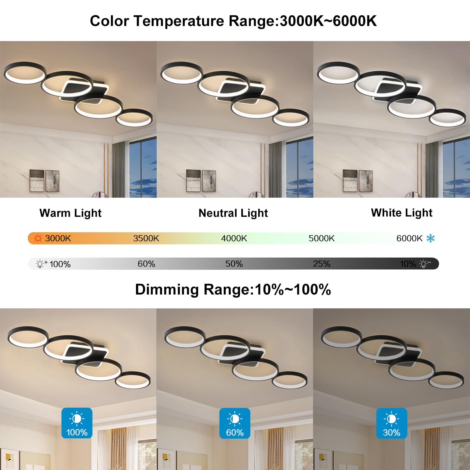 94cm LED Deckenlampe Dimmbar Wohnzimmer, 54W Deckenleuchte Schwarz | Wohnzimmerlampe mit Memory Funktion und Nachtlicht, Moderne 4 Ring deckenbeleuchtung mit Fernbedienung APP für Schlafzimmer