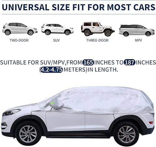 Vista 12 de Hrozny Cubierta de nieve para automóvil, cubierta de media cubierta de automóvil sedán, impermeable para todo tipo de clima, cubierta de parabrisas