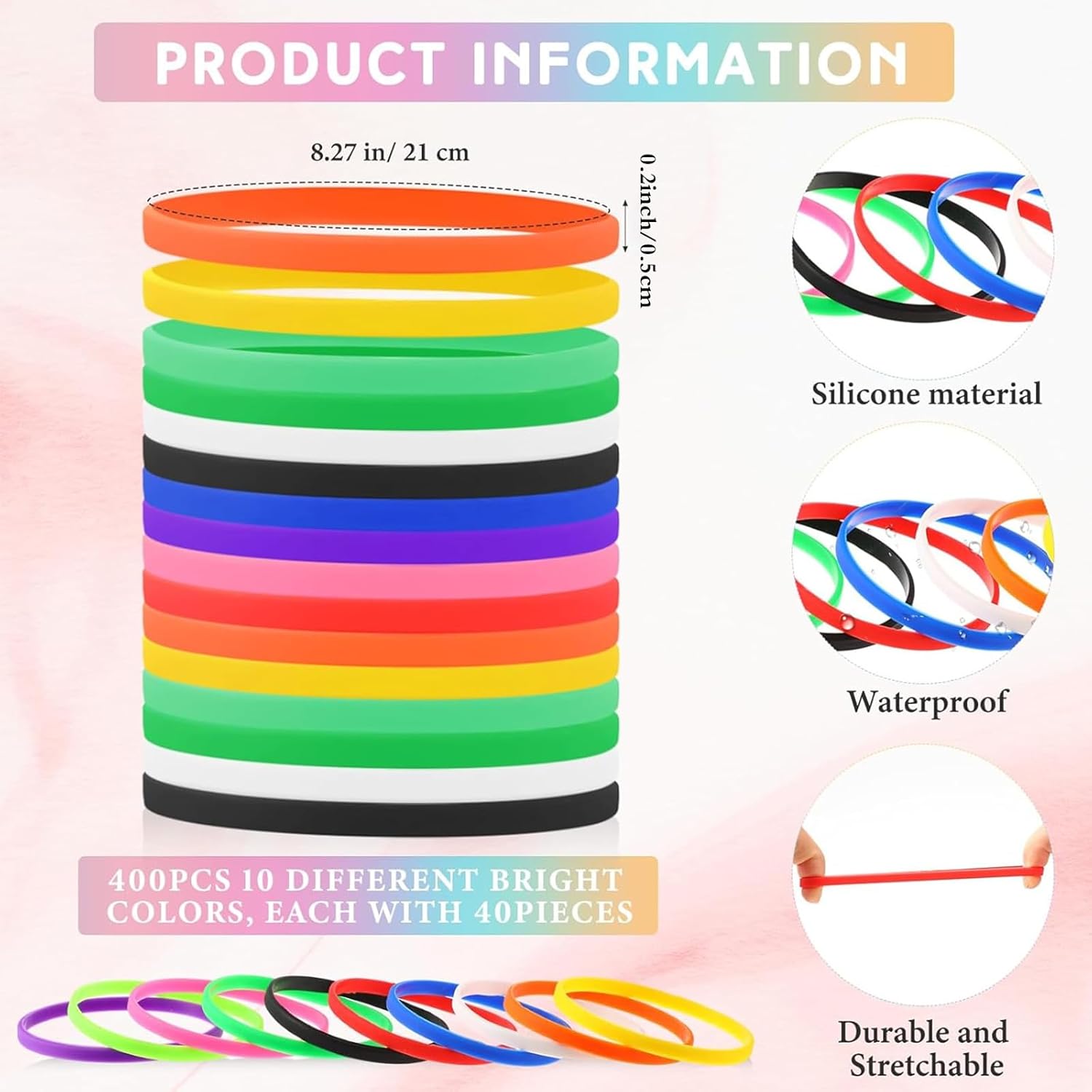 Liliful 400 Pcs Silicone Wristbands Solid Color Silicone Bracelets Blank Rubber Sports Rubber Wristbands Bracelets Stretch Bands for Adults Men Women Teen(Colorful) - Image 2