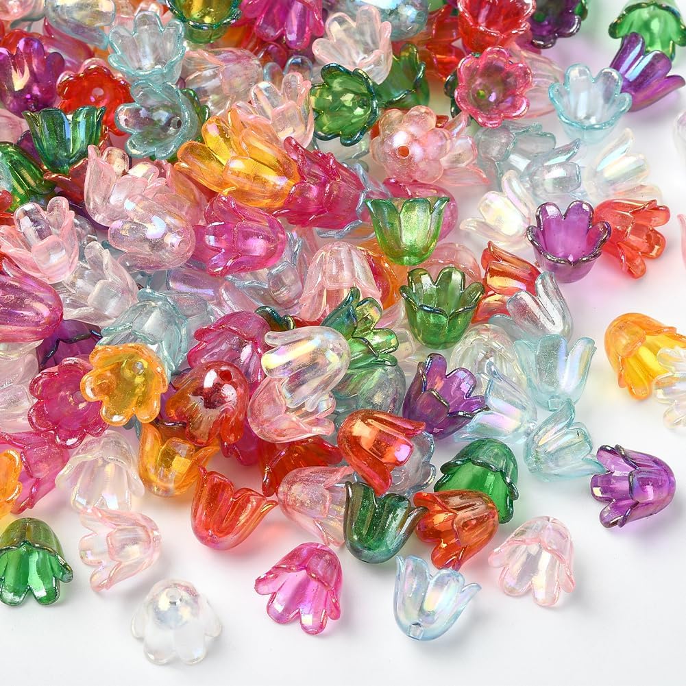 1 Box 540Pcs 9 Colors Acrylic Lily Flower Beads Floral Bead Caps Bulk Loose Small 11MM Plastic Cute Tulip Bell Trumpet Iridescent Spacer for Jewelry Making DIY Crafts Adults Women Beginner - Image 7