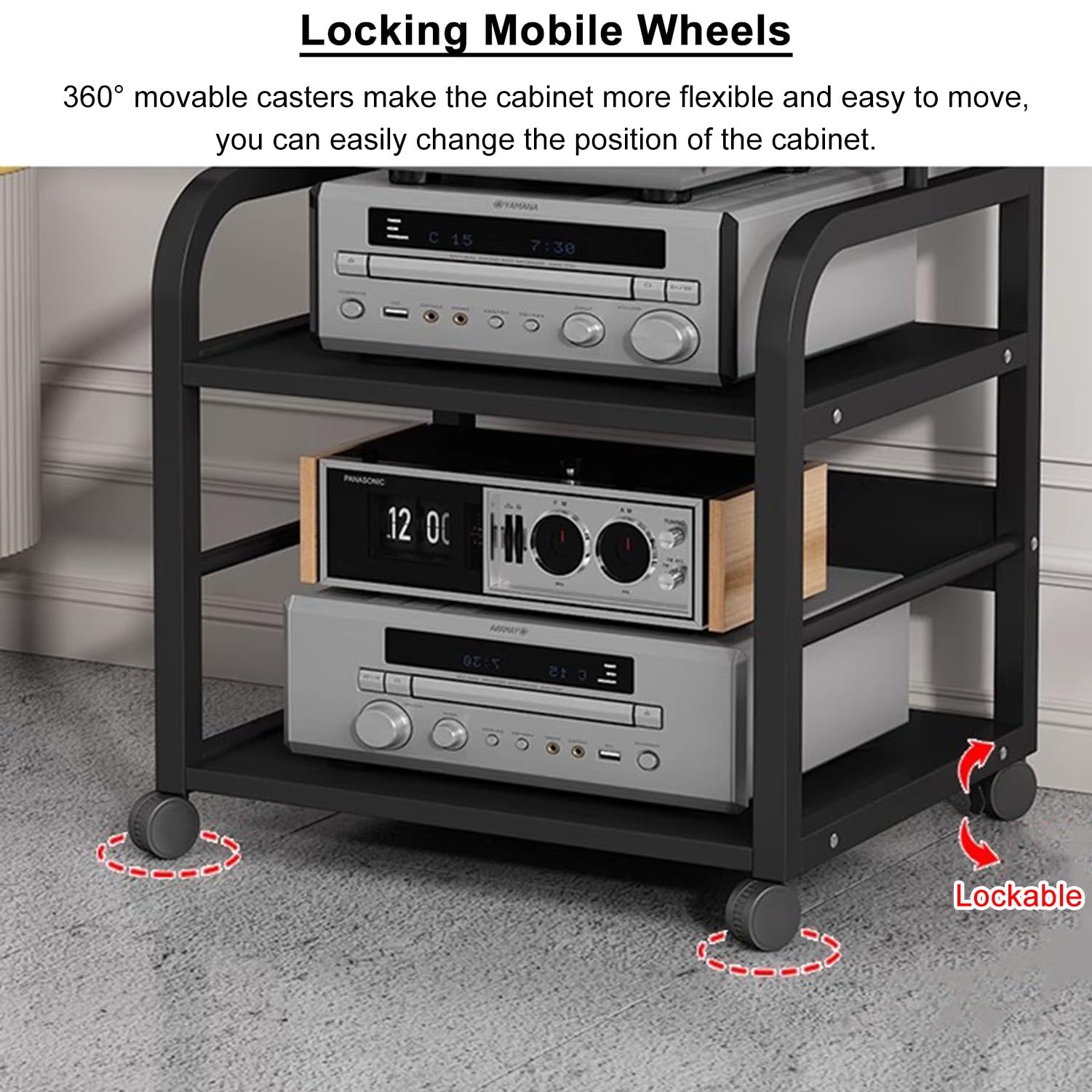 Stojak na sprzęt audio z 3 poziomami, stojak na sprzęt HiFi z kółkami i drewnianymi półkami, ruchoma wieża pod sprzęt audio-wideo do systemów stereo i kin domowych (naturalny) (kolor tekowy 50x40