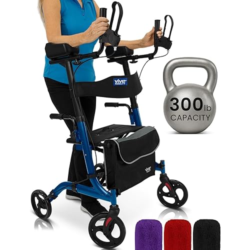 Vive Mobility Upright Walker with Seat, for Seniors, Women - Stand Up Rollator, Arm Rests, Heavy Duty, Folding Medical Aid Scooter for Elderly, Seniors - Walking Foldable Assist (Blue, Black Bag)