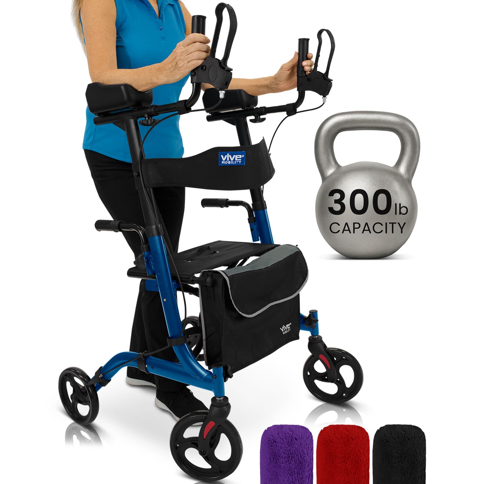 Vive Mobility Upright Walker with Seat, for Seniors, Women - Stand Up Rollator, Arm Rests, Heavy Duty, Folding Medical Aid Scooter for Elderly, Seniors - Walking Foldable Assist (Blue, Black Bag)