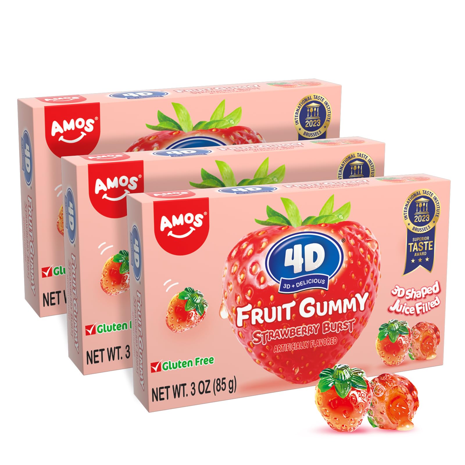 AMOS 4D Fruit Gummy Strawberry Burst, 3D Shaped Fruit Gummy Candy, Gluten-Free, Juicy Filled Delight, 3 OZ (85g) 3 Boxes