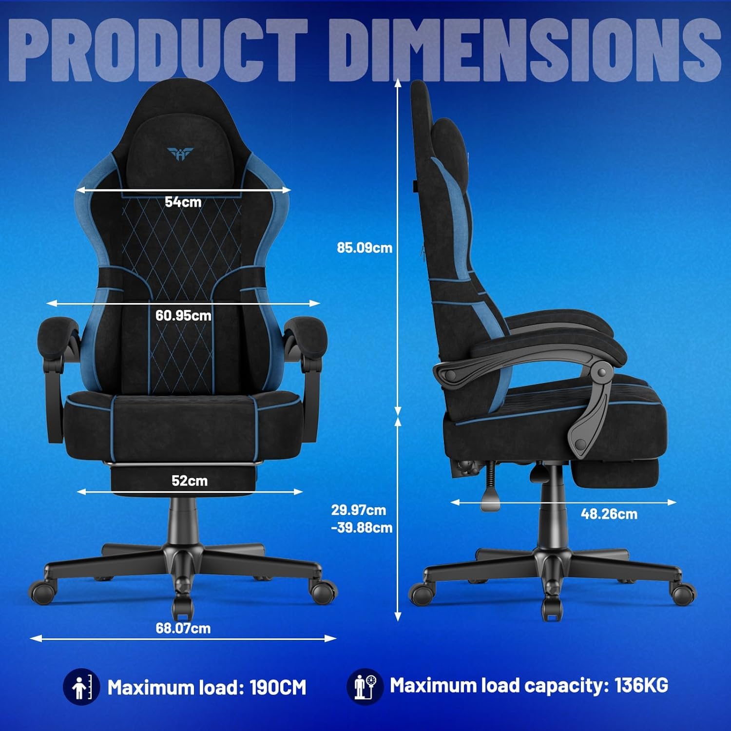 Soontrans Silla Gaming con Cojín Lumbar Masajeador, Silla Gamer con Reposacabezas, Reposapiés, Cadeira Gaming, Tela sintética, Altura Ajustable para Juegos (Negro y Azul)
