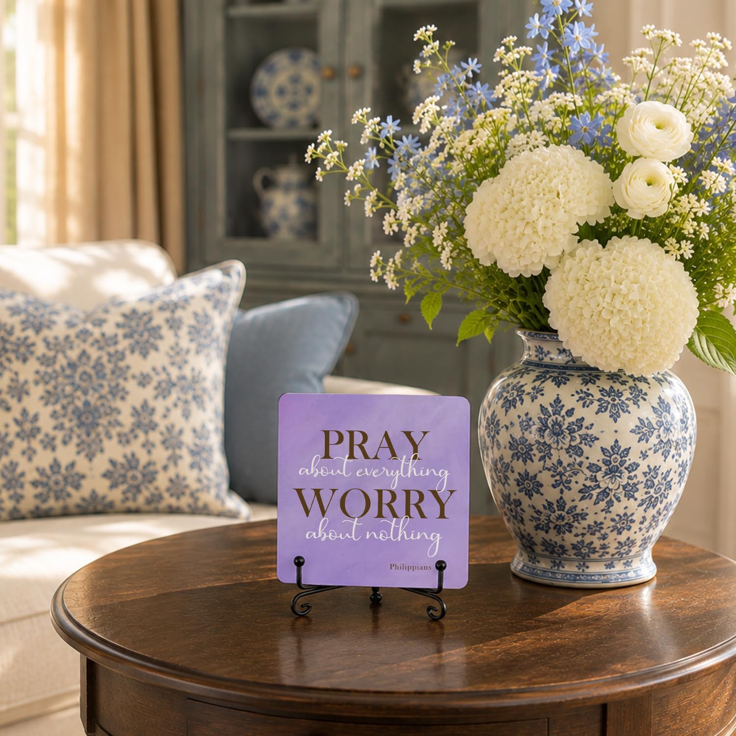 Christian Wooden Desk Sign, Pray About Everything Worry About Nothing Bible Verse Religious Purple Wood Plaque With Stand for Home Office Desk Tabletop Shelf Decor image 5