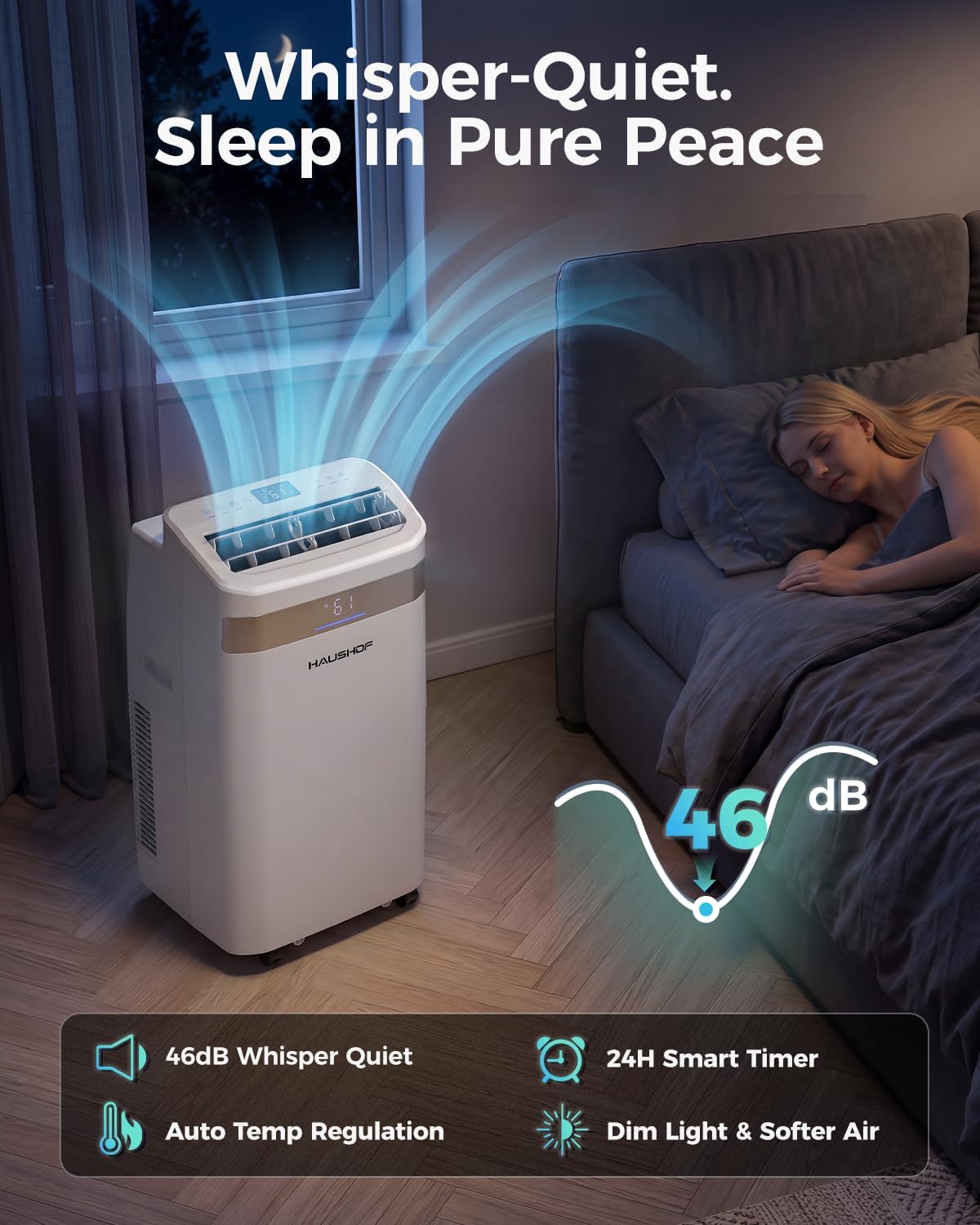 Image showing the portable air conditioner in a bedroom at night, emphasizing its quiet operation (46dB) in Sleep Mode.