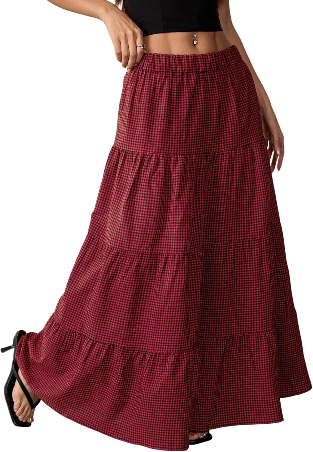 TITOMD Womens Boho Flowy Maxi Skirts Elastic Waist Flared Ruffle A Line Long Skirt 2026 Summer Vacation Beach Outfits