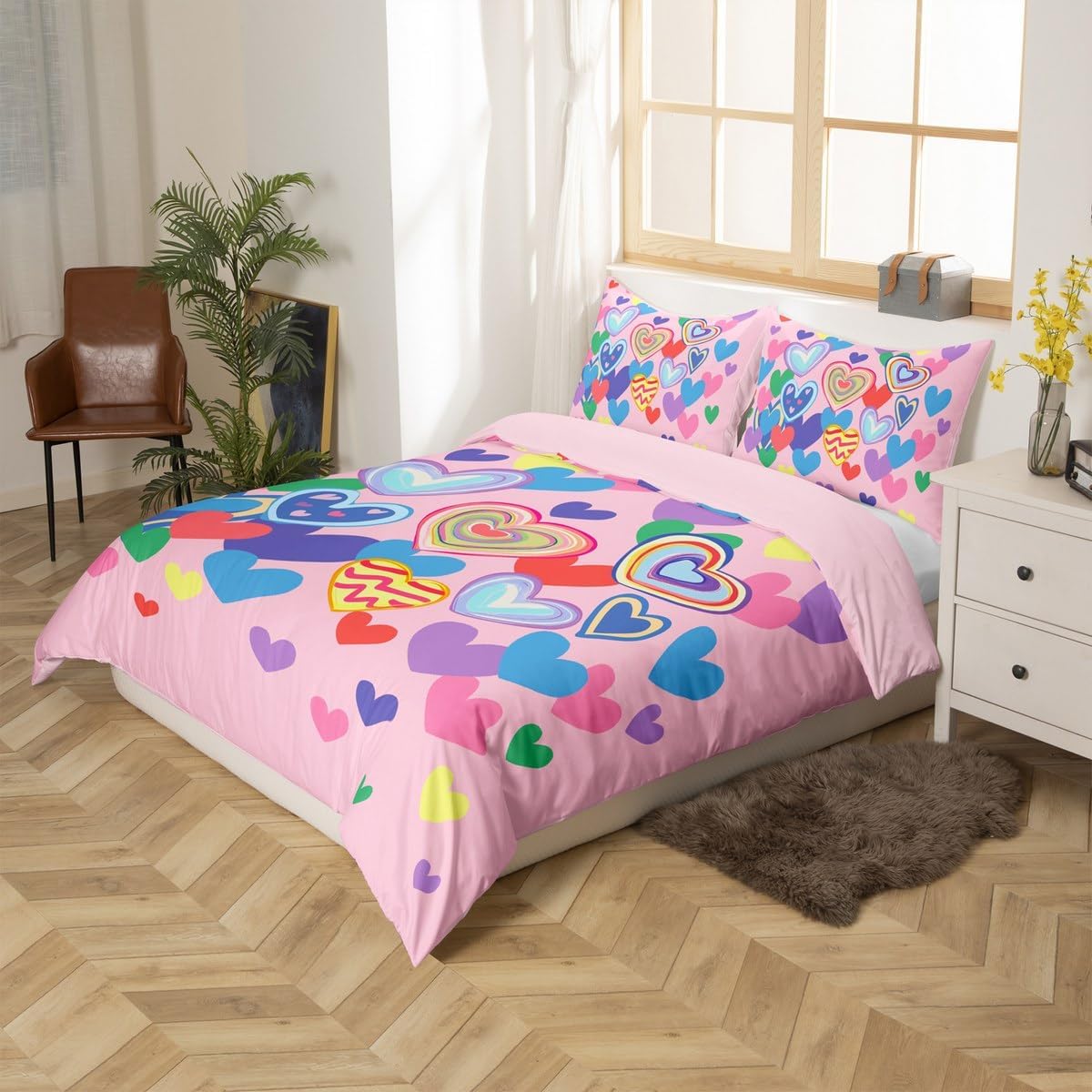 Colorful Hearts Toddler Duvet Cover 2 Pcs,Cartoon Lovely Heart Graffiti Decor Bedding Sets for Kids Girls Teens,Romantic Style Valentine's Day Theme Quilt Cover with 1 Pillowcase,No Comforter