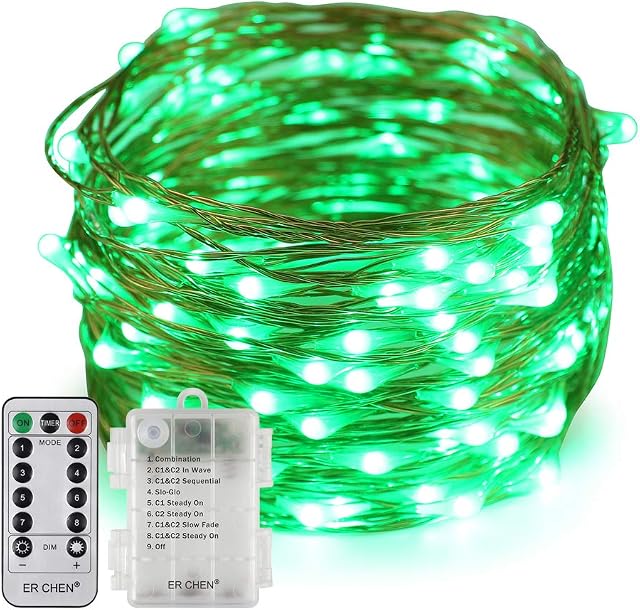Erchen Battery Operated LED String Lights, Dimmable 33 FT 100 LED Ultra Thin Waterproof 8 Modes Timer Copper Wire Fairy Lights with 13 Key Remote Control for Indoor Outdoor Christmas Party (Green)