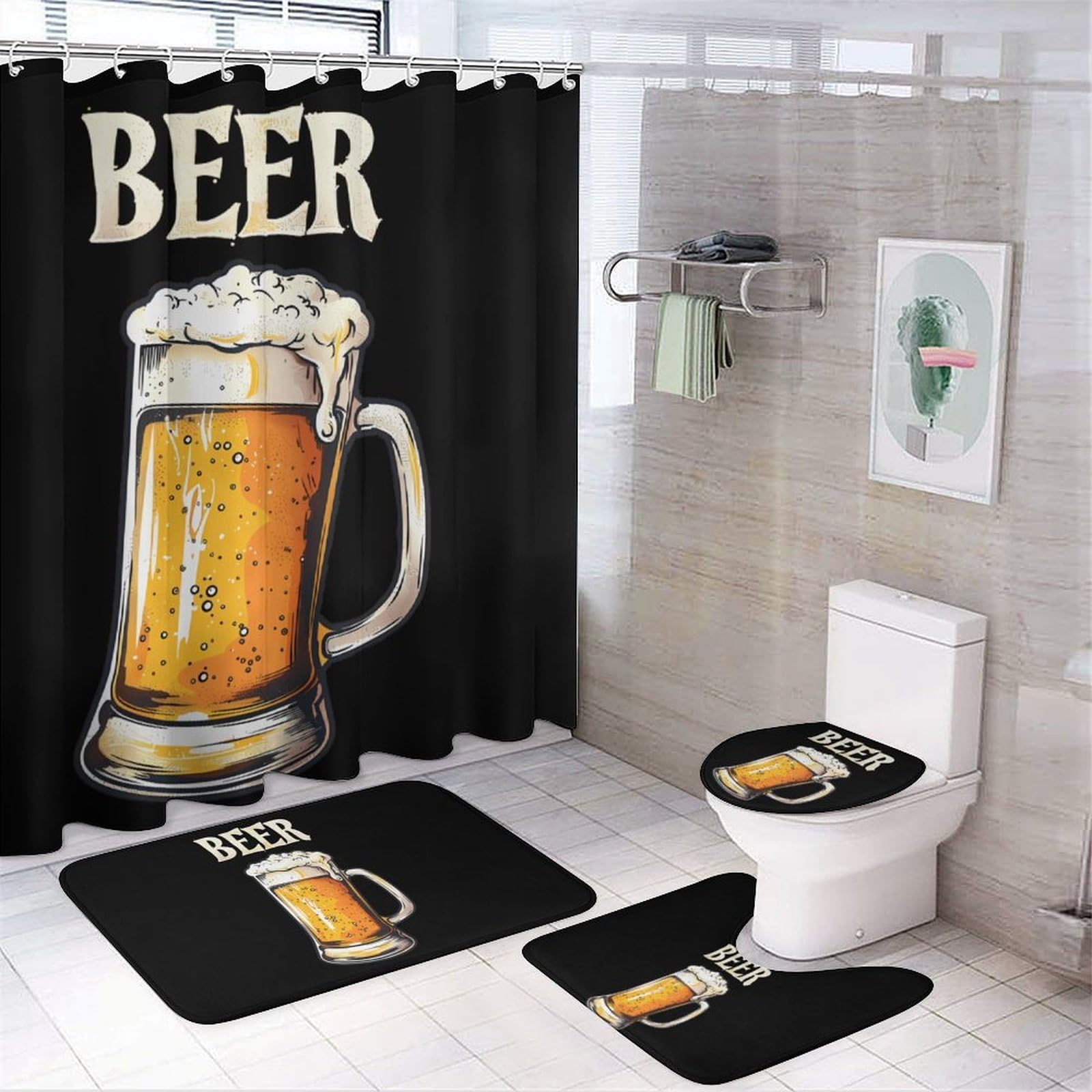 CGSBNGHA Beer Shower Curtain Set 4 Piece Bathroom Sets with Rugs Toilet Lid Cover And U-Shaped Floor Mat