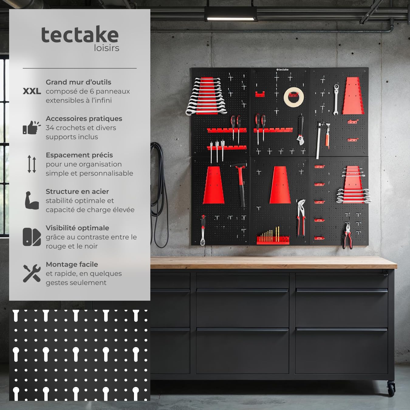 tectake® Panneau Mural Perforé Porte outils mural Lot de 6 Panneaux 240 x 2 x 60 cm 53 pcs Crochet & Supports, Extensible Système de rangement Outillage & visserie