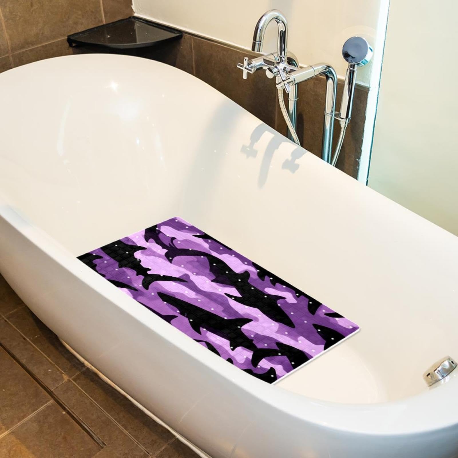 Tapis de bain rectangulaire antidérapant avec ventouses, motif camouflage violet et noir, lavable en machine, 40 x 70 cm