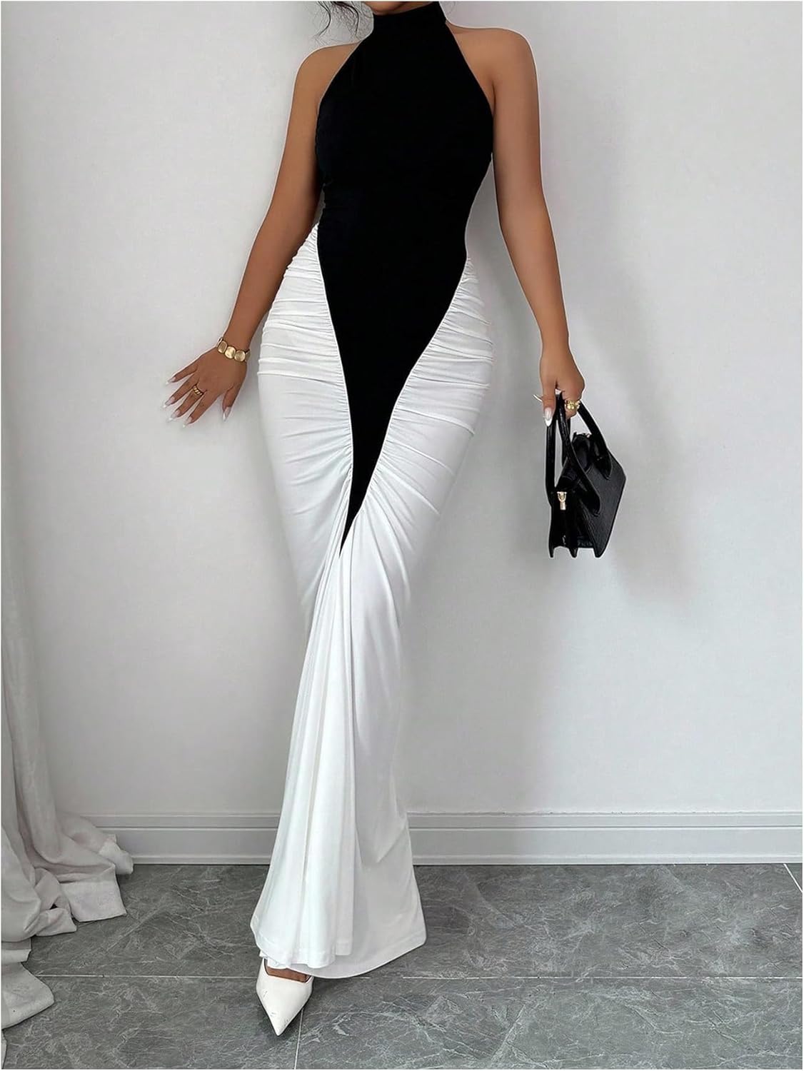 GORGLITTER Women's Halter Maxi Dress Ruched Bodycon Formal Birthday Evening Elegant Wedding Guest Cocktail Dresses - Image 4