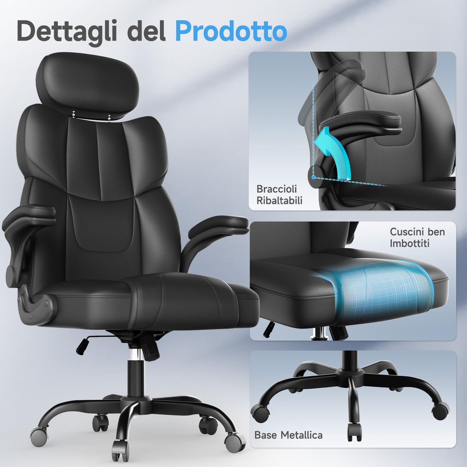 naspaluro Sedia Ufficio Ergonomica con Braccioli Regolabili, Sedia Scrivania con Rotelle, Poltrona Direzionale PU, Supporto Lombare, Schienale Alto 83 cm, Altezza Regolabile e Girevole 360°, Nero