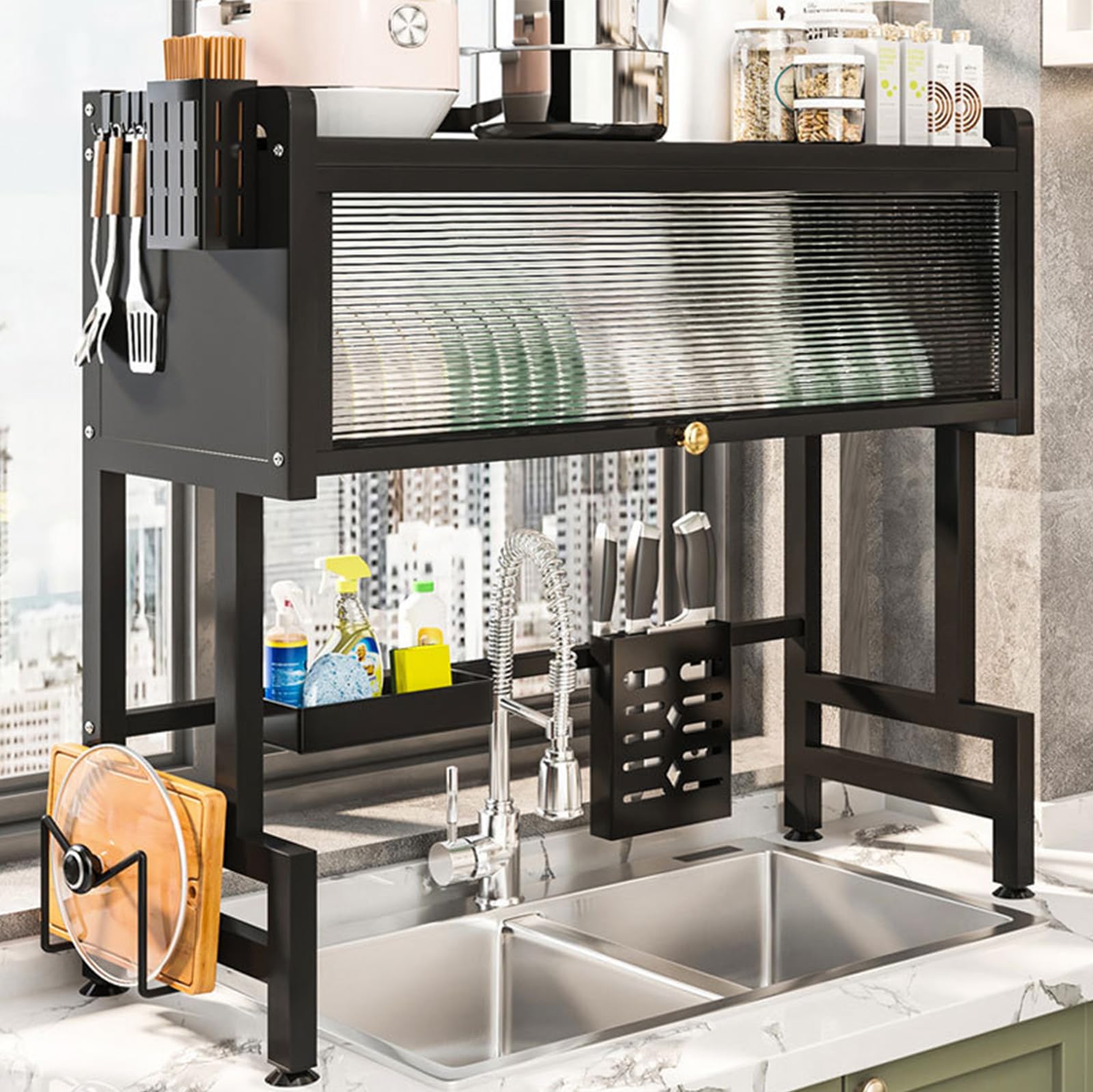 Escurreplatos para fregadero – Escurridor de platos de gran capacidad con 6 ganchos, fregadero de cocina para utensilios de cocina, tabla de cortar, elegante diseño negro