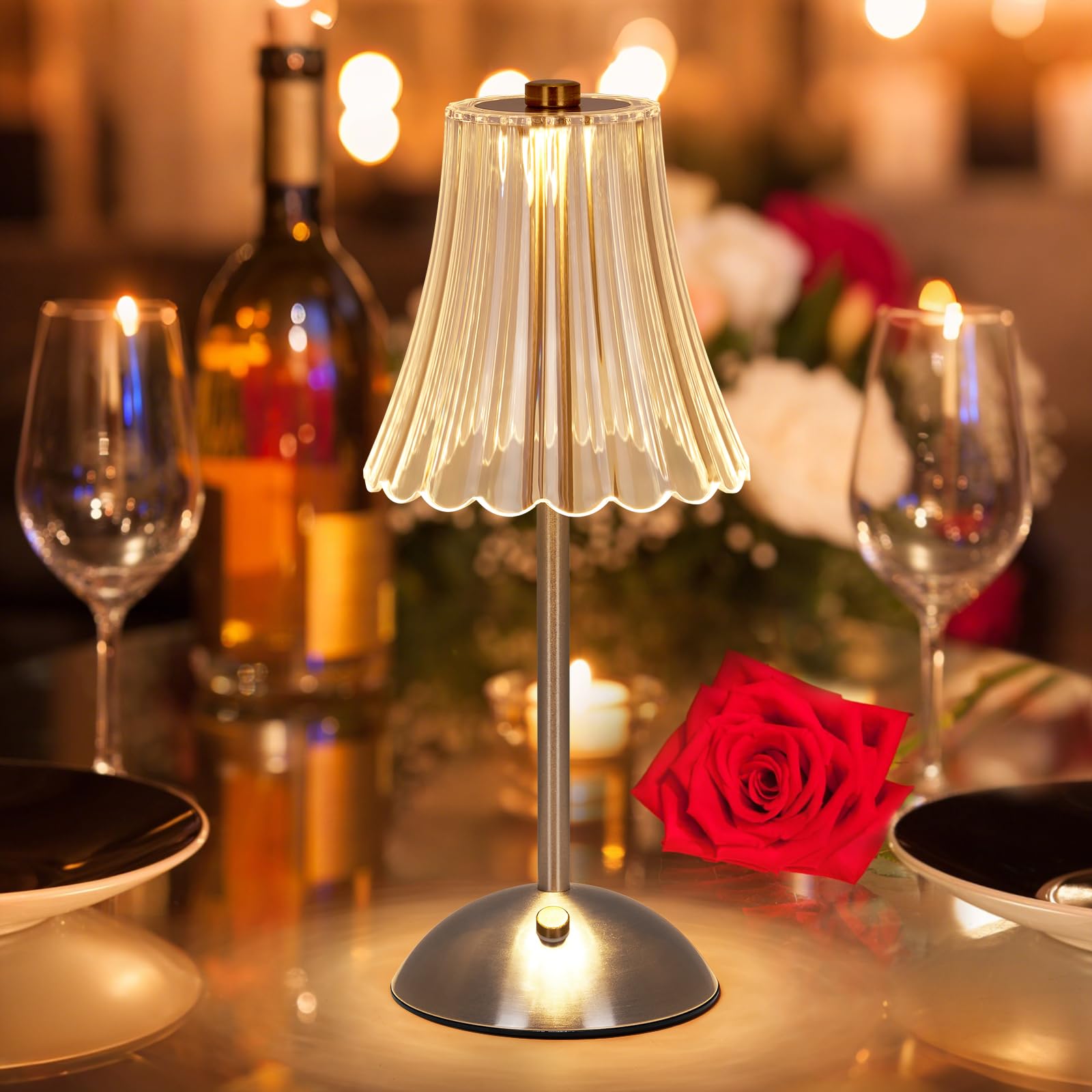 BomKra Crystal Table Lamp, Dimmable 3 Colors LED Romantic Diamond Crystal Lamp, Rechargeable Touch Lamp Small Lamp, Bedside Lamp Nightstand Lamp for Bedroom Bar Restaurant (Silver-01)