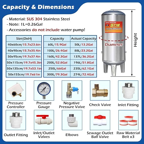 60L 160L 200L 250L 300L Vertical Well Pressure Tank, 304 Stainless Steel Water Pressure Tanks for Water Supply, Pressurized Water Storage Bladder for Hot Water Heater(Size:26.4GaL/100L)