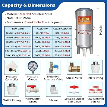 60L 160L 200L 250L 300L Vertical Well Pressure Tank, 304 Stainless Steel Water Pressure Tanks for Water Supply, Pressurized Water Storage Bladder for Hot Water Heater(Size:26.4GaL/100L)
