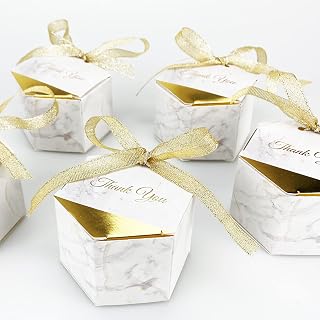50PCS Wedding Favor Boxes, Marble Gold Party Favor Boxes Bulk Candy Favors for Guests, Gift Boxes with Ribbons, Perfect for Wedding Bridal Shower Baby Shower Birthday Party Decoration, Gilding Process