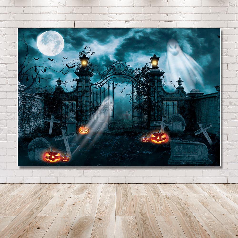 Toile De Fond Photo Halloween Gothique 2.4x1.8 M - Motif Château Effrayant Nuit Citrouille - Pour Studio, Fête, Portrait - 14