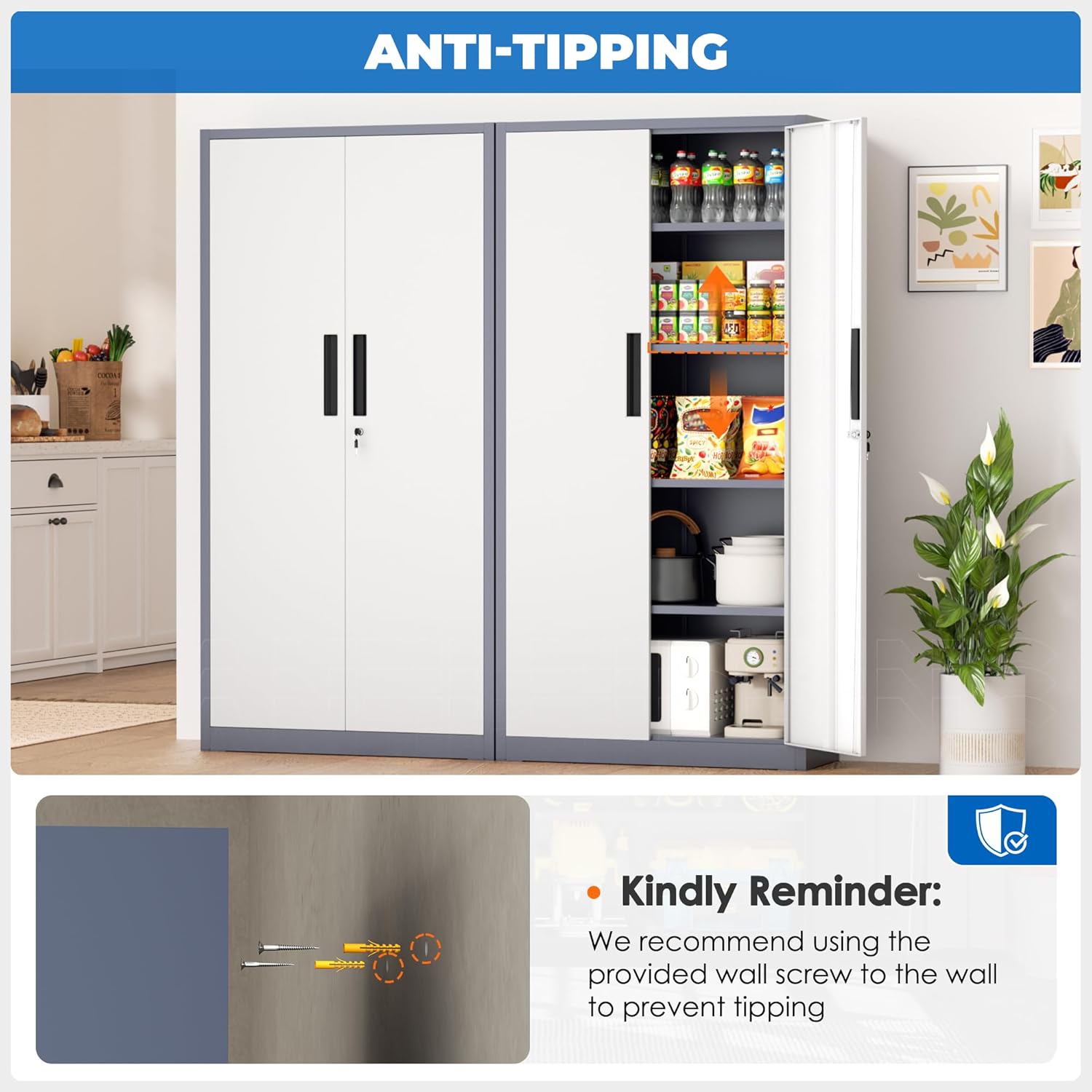 INTERGRAET 63" Tall Pantry Cabinet,Kitchen Pantry Storage Cabinets with 2 Doors and 4 Shelves,Gray White Metal Storage Cabinet,Cupboard for Home,Kitchen,Living Room/Dining