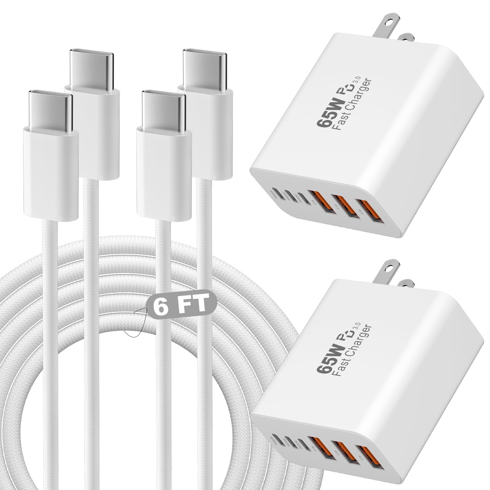 65W USB C Charger,2Pack iPhone 17 Pro Max Charger,6FT USB C Chargers Woven Cord With 6Port 3USB-A 3USB-C Fast Charging Blocks Type C Chargers for iPhone 17 Pro Max/17 Air/16Pro Max/15/iPad Pro,AirPods
