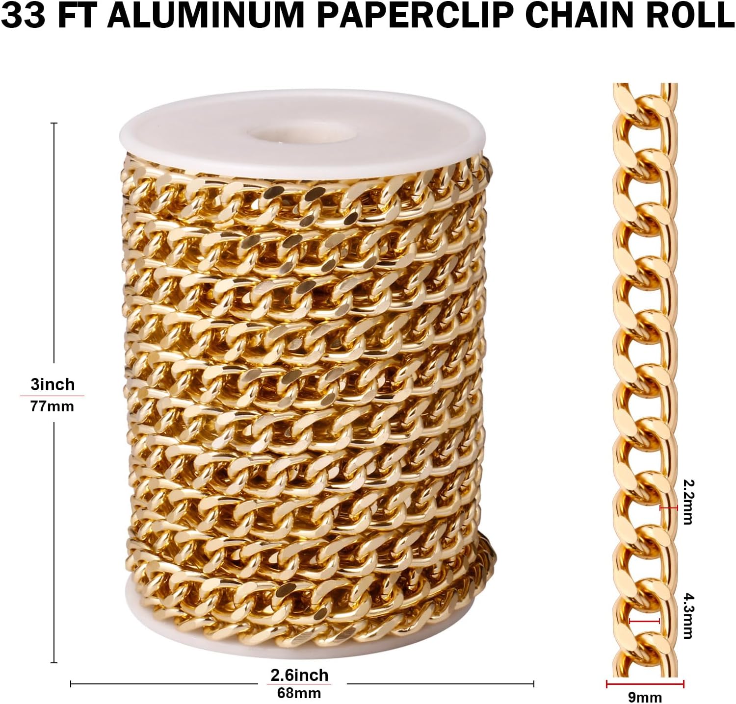 [33ft] Gold Chain for Jewelry Making, 8.3mm Wide Gold Aluminum Curb Link Chain Roll Bulk for DIY Jewelry Making Craft - Image 3