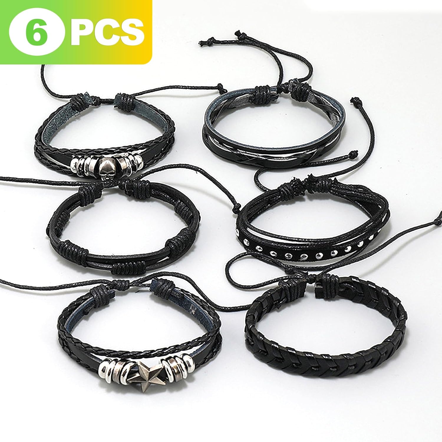 6 Pcs Punk Rock Studded Bracelet Set Adjustable Leather Cuff Wristbands Gothic Emo Alt Style Costume Accessories for Men Women - Image 2
