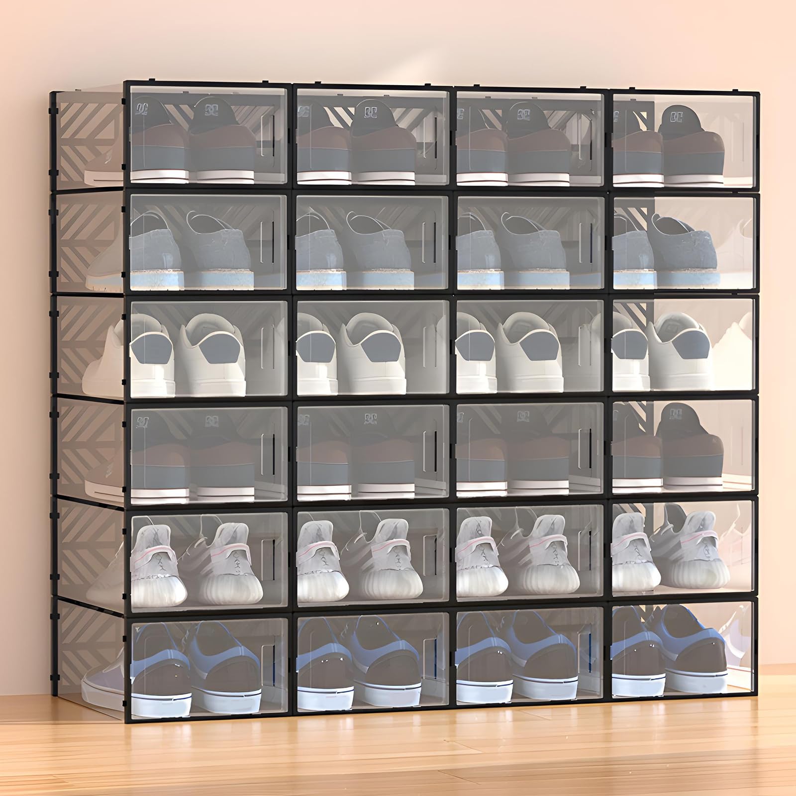 Cajas apilables para zapatos, juego de 20 cajas transparentes para zapatos, para salón, dormitorio, armario y oficina (negro)