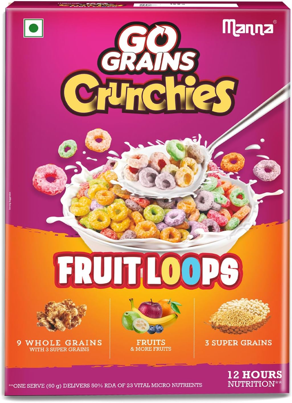 Go Grains Crunchies Fruit Loops. Multigrain Breakfast Cereal for Kids. No Maida, Made with 9 Grains. Fortified Cereal with 50% RDA of 23 Essential Vitamins and Minerals in every bowl. 250g
