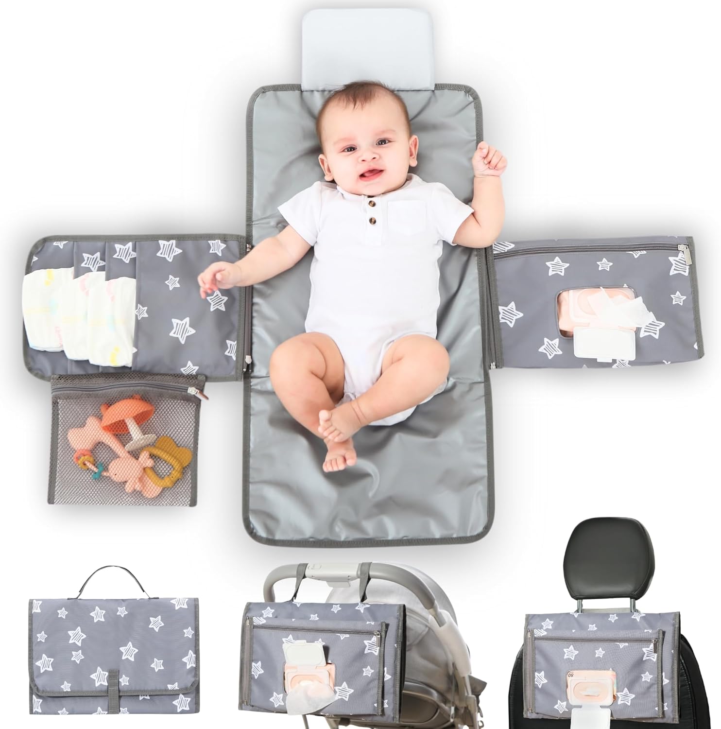 JanYoo Baby Portable Nappy Changing Mat with Wipes Pocket Changing Pads with Head Cushion for Infants Diaper Bag Travel Pad Wipeable Waterproof Newborn Essentials