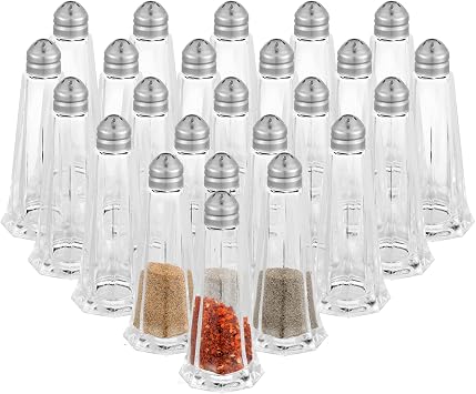 Bokon Set of 24 Tower Glass Salt and Pepper Shakers Bulk 1oz Small Tower Spice Shakers Refillable with Stainless Steel Chrome Top Lid for Home Restaurant Kitchen Seasonings Supplies
