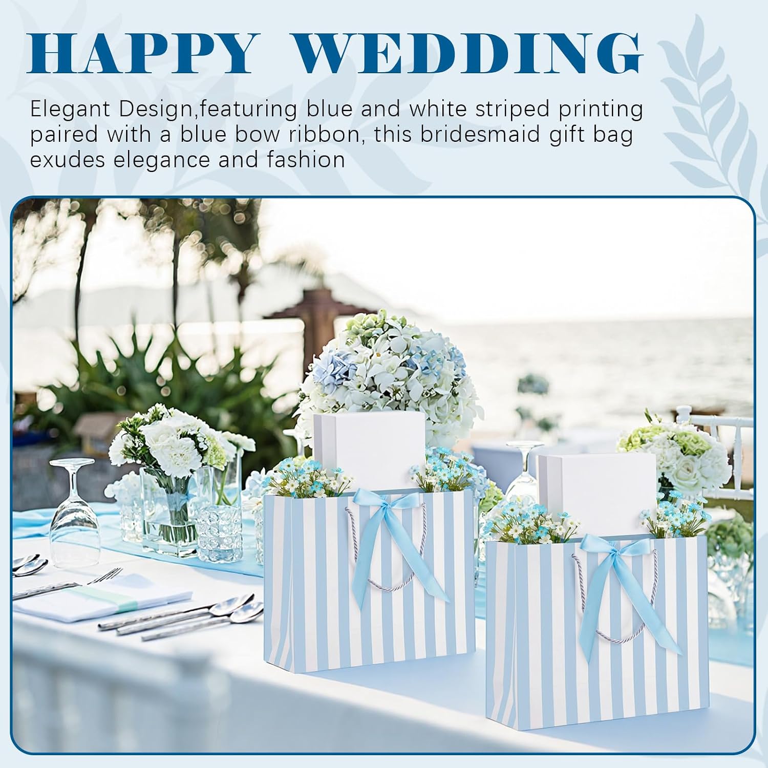 12 Pcs Bride Blue White Striped Gift Bags with Handles, 12.6 x 9.8 x 4.3Inch Bridesmaid Gift Bags for Wedding Bridesmaid Bridal Baby Shower Birthday Coastal Beach Bachelorette Theme Party Favor