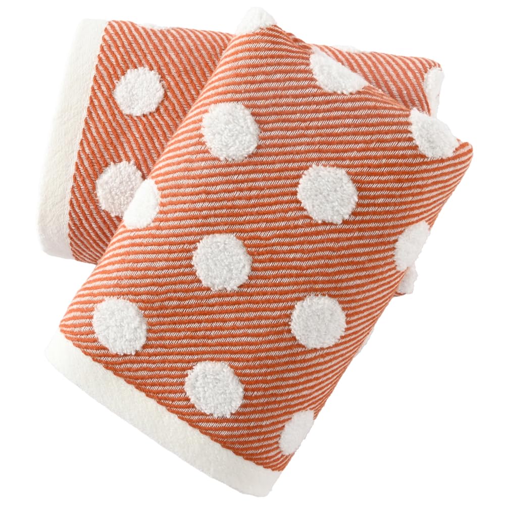 sense gnosis Orange Jacquard Striped Hand Towel Set of 2 Super Soft 100% Cotton Absorbent White Terry Polka Dot Bath Hand Towels for Bathroom Home