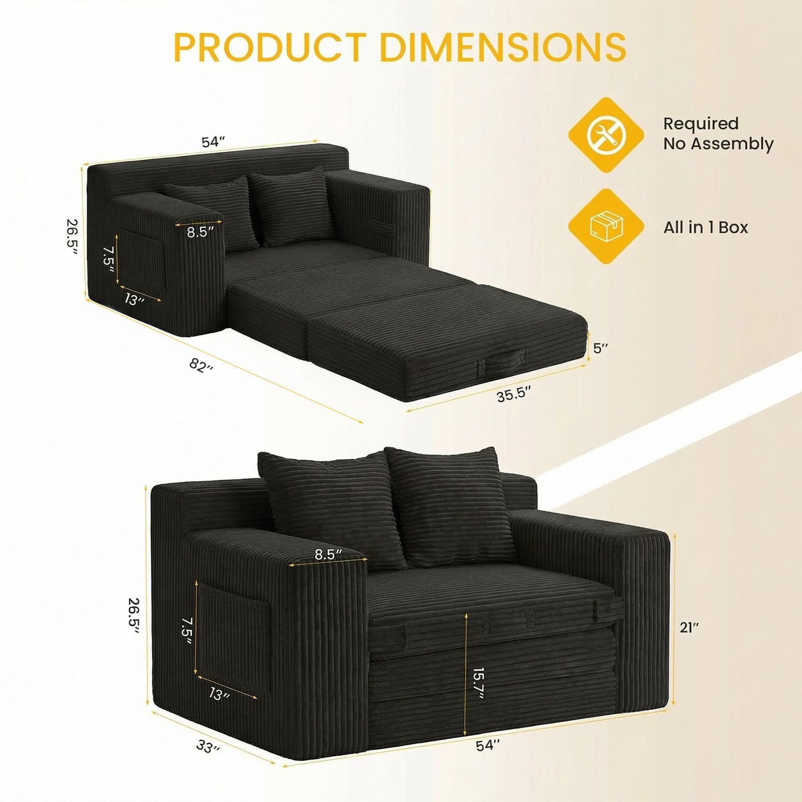Boneless Couch,Boneless Loveseat Sleeper Sofa Bed – 3-in-1 Convertible Couch Bed with Side Pockets & Handle,Pull Out Corduroy Futon for Small Space,Living Room & Bedroom,2 Pillows Included,No Assembly
