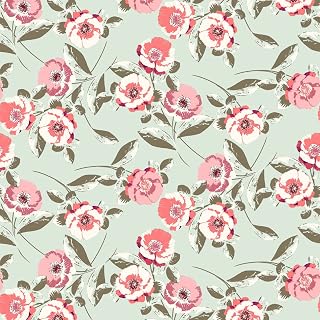 Texco Inc 100% Rayon Crepon Woven Large Flowers Design/No Stretch Floral Pattern Apparel Fabric, Dusty Mint Coral 3 Yards