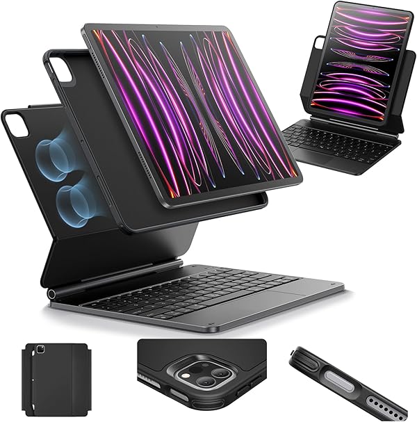 ESR Magnetische Keyboard Hülle, iPad Tastatur Hülle für iPad Pro 12.9 2022, magnetischer Ständer, Porträt-/erhöhte Ansichtsmodi, federnde Leuchttasten, Multi-Touch-Trackpad, Rebound-Serie, Anthrazit