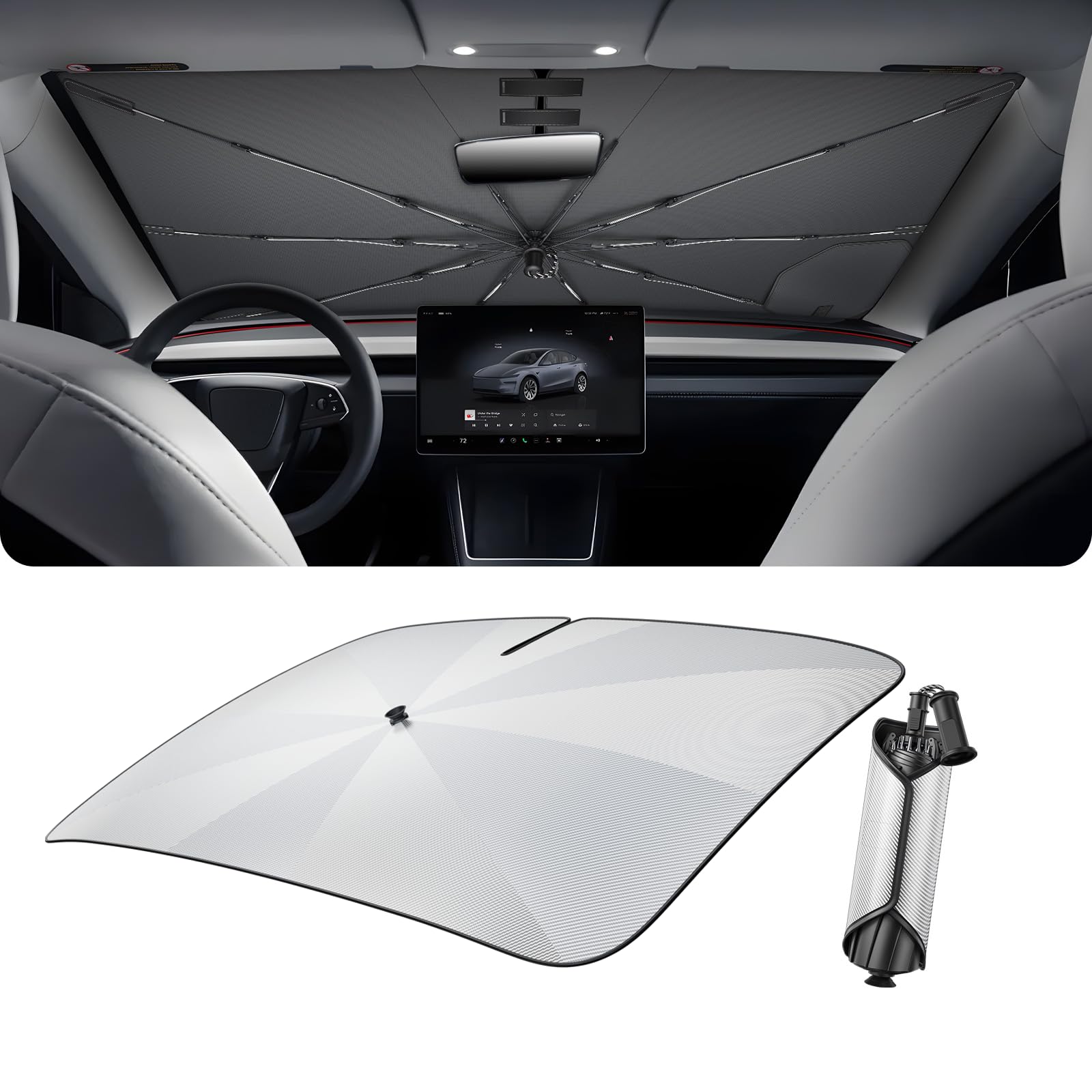 LUWU [Mejorado] Parasol Coche Compatible con Tesla Model Y Juniper 2021-2025 2026 Parasol para Parabrisas Delantero Plegable Protección UV Accesorios Model Y