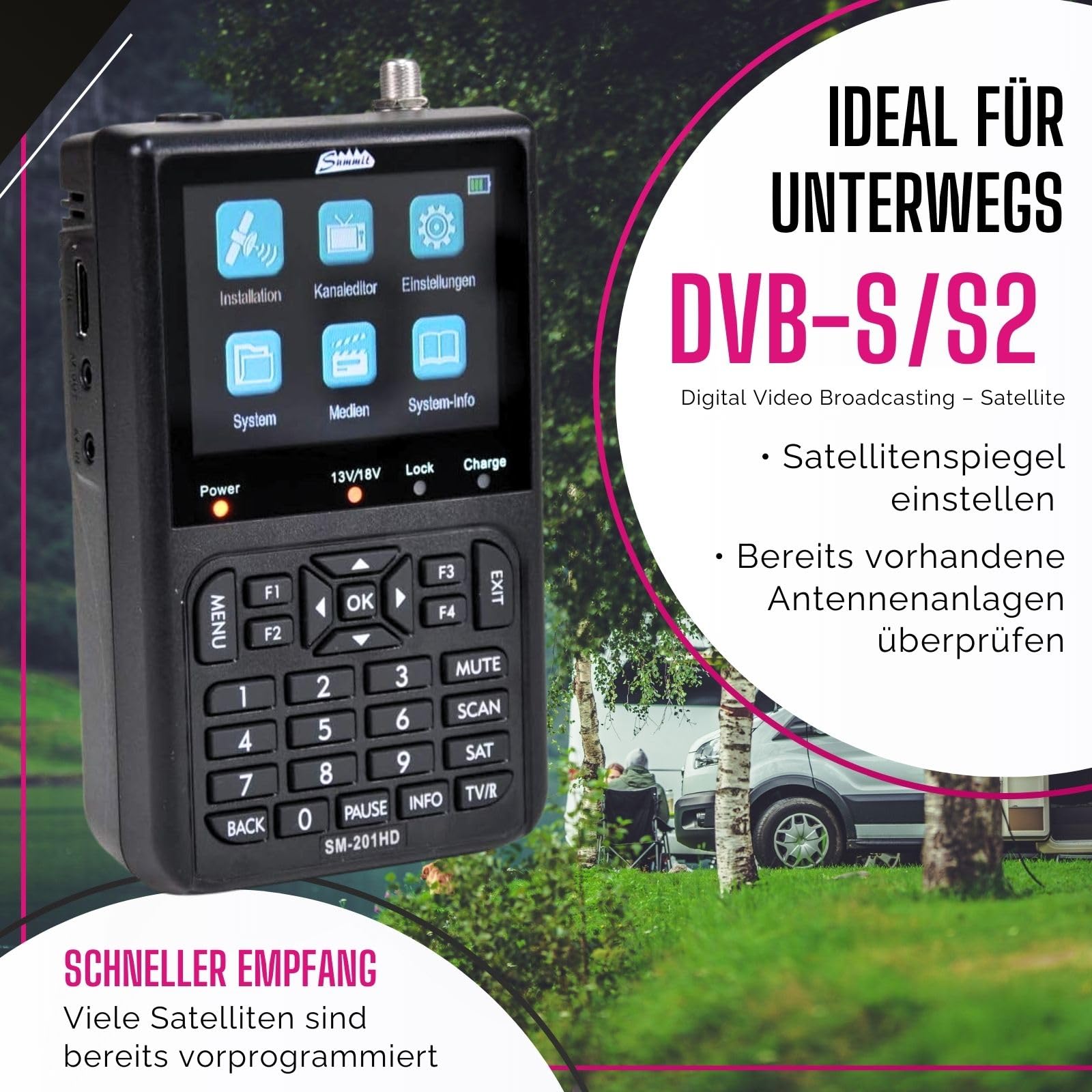 Summit SM 201HD Satelliten Messgerät I Sat Finder für DVB-S/S2 I Digital | digitales Messgerät mit 3,5" TFT LCD Display & Tonsignal I inkl. Steckernetzteil, AV-Adapterkabel & Nylonschutztasche