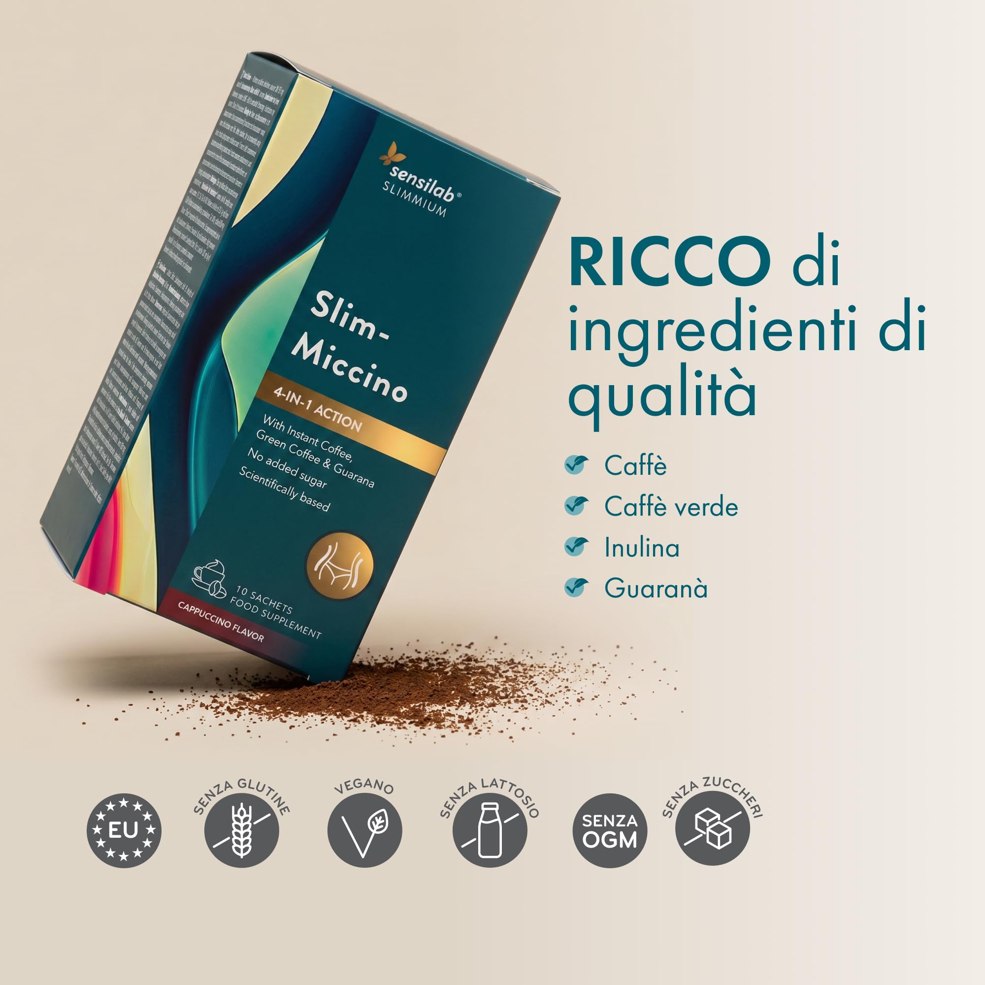 Sensilab Slimmium SlimMiccino XXL, Termogenico, Pre-Workout, Caffè Solubile, Caffè Verde con Inulina e Guaranà, Bevanda alla Caffeina senza Zuccheri Aggiunti, Gusto Cappuccino, 30 Bustine