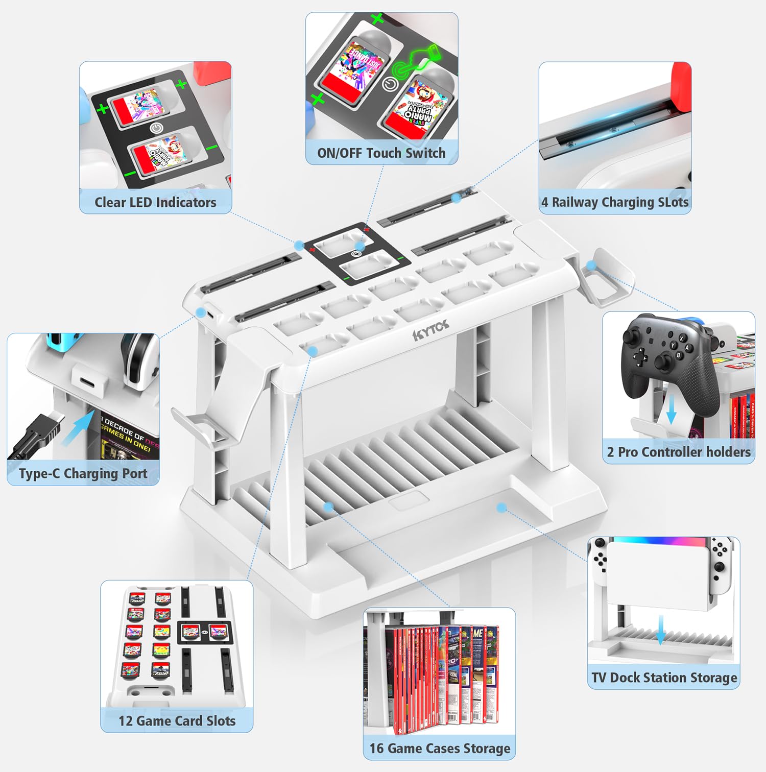 Kytok Supporto al Gioco Torre per Nintendo Switch/OLED, Caricatore per Joycon Switch & Supporto Accessori da Gioco Switch, Multifunzionale Switch Organizer per Gioco, Controller Pro e TV Dock