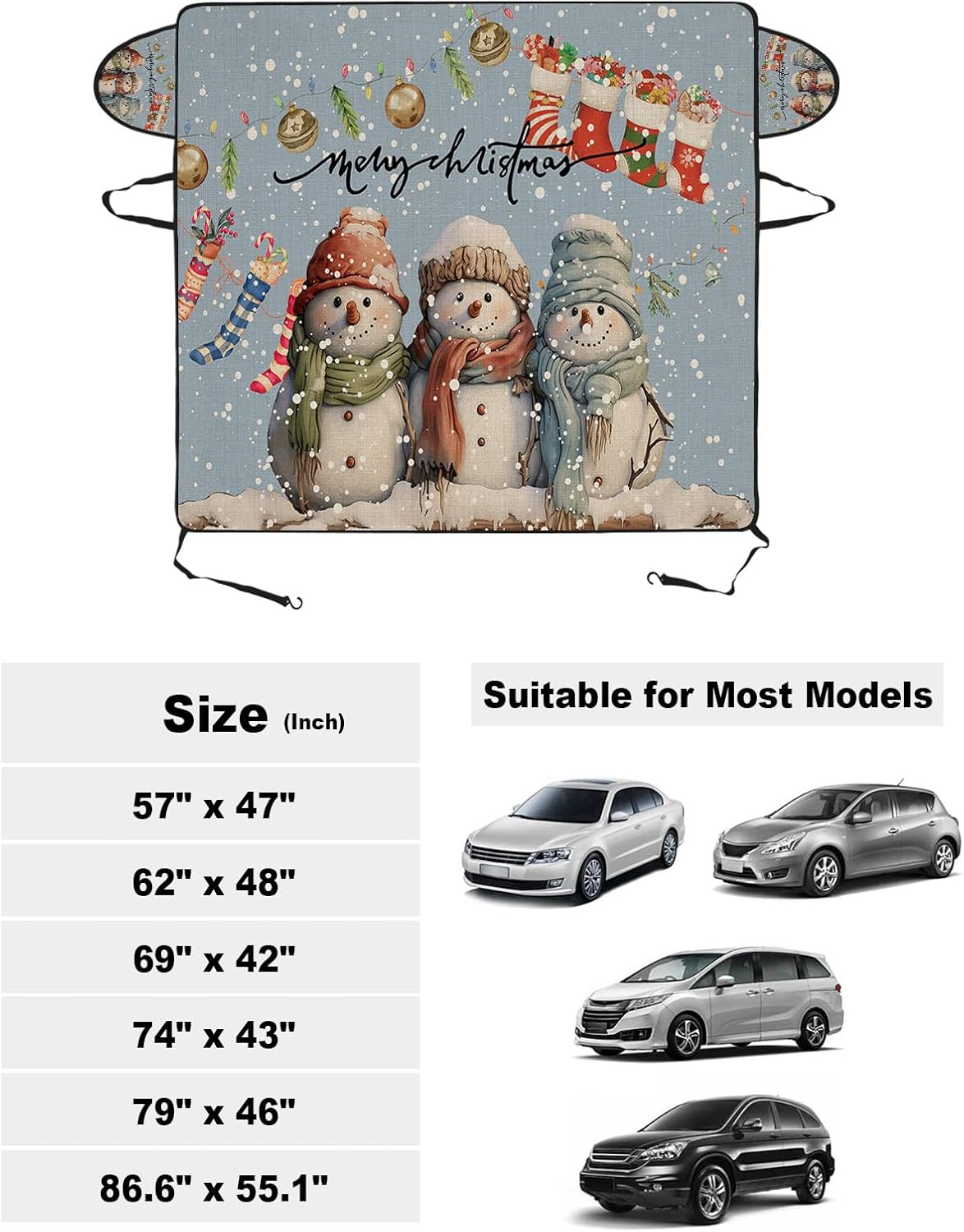 Car Windshield Snow Cover - Christmas Cartoon Snowman with Christmas Stocking Blue Windshield Frost Cover PU Layer Weatherproof UV Ice Wiper, Fits Most Cars Trucks Vans SUV Auto Protector 57"x47"