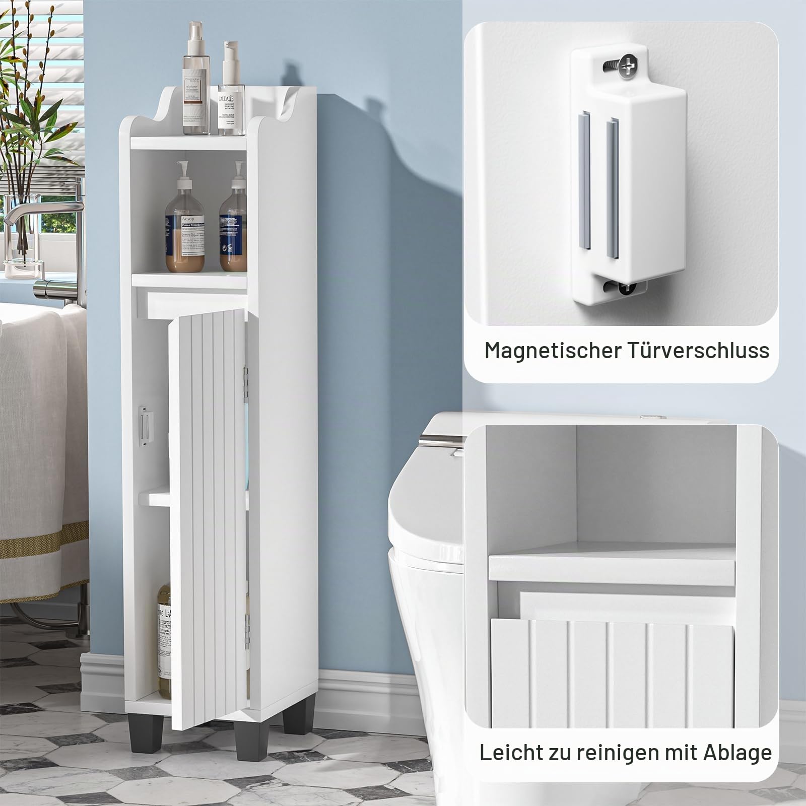 Badezimmerschrank Schmal Klein, Badschrank Holz, Eckschrank, Toilettenschrank mit Verstellbaren Regalen, Badezimmermöbel mit offenes Fach, Badezimmer Schrank für Kleine Räume, Weiss