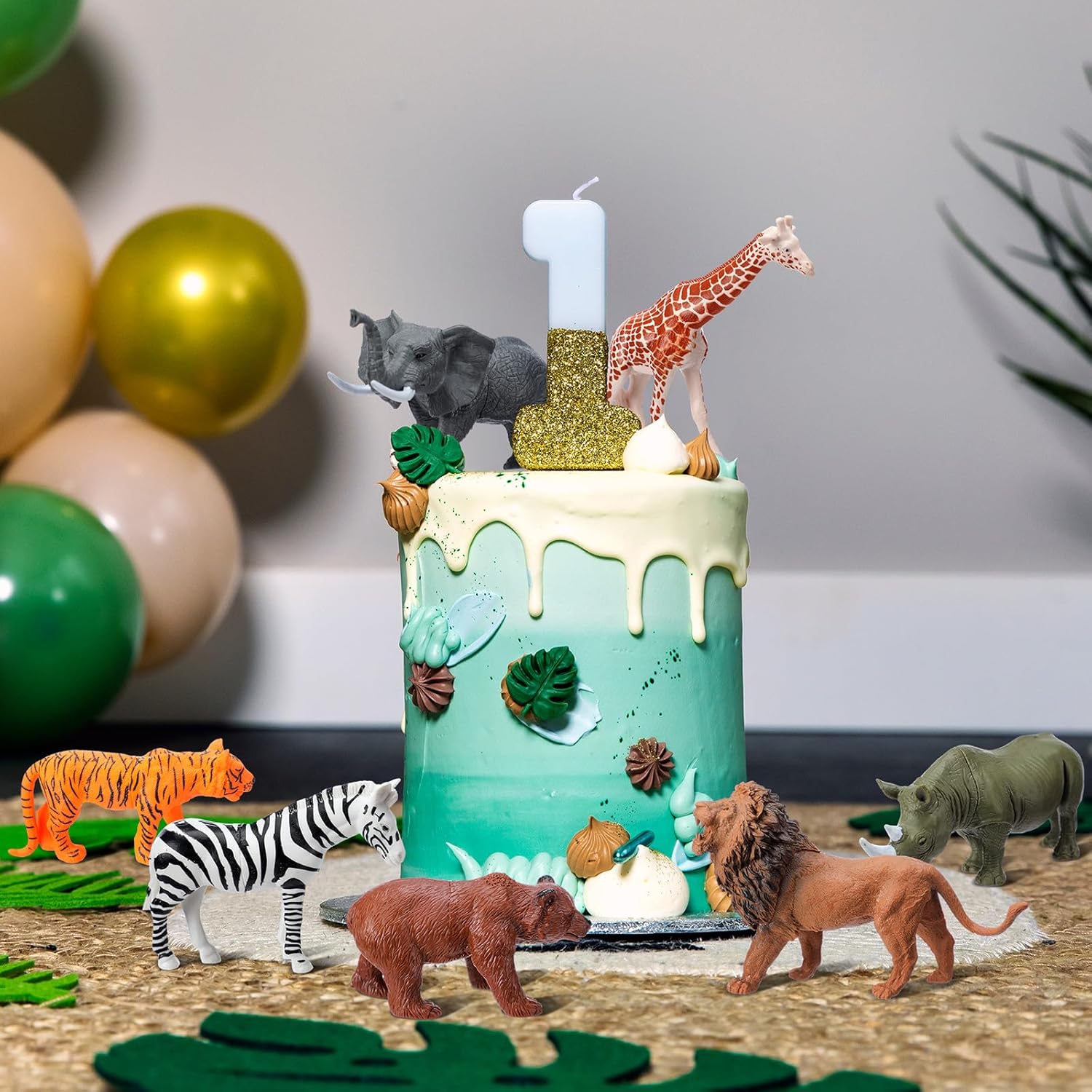 Colingmill 18 Pcs Jungle Animal Birthday Party Decorations Mini Birthday Hat Animal Figure Model Cake Toppers with Mini Hat for Birthday Party, Wild Animals Themed Party