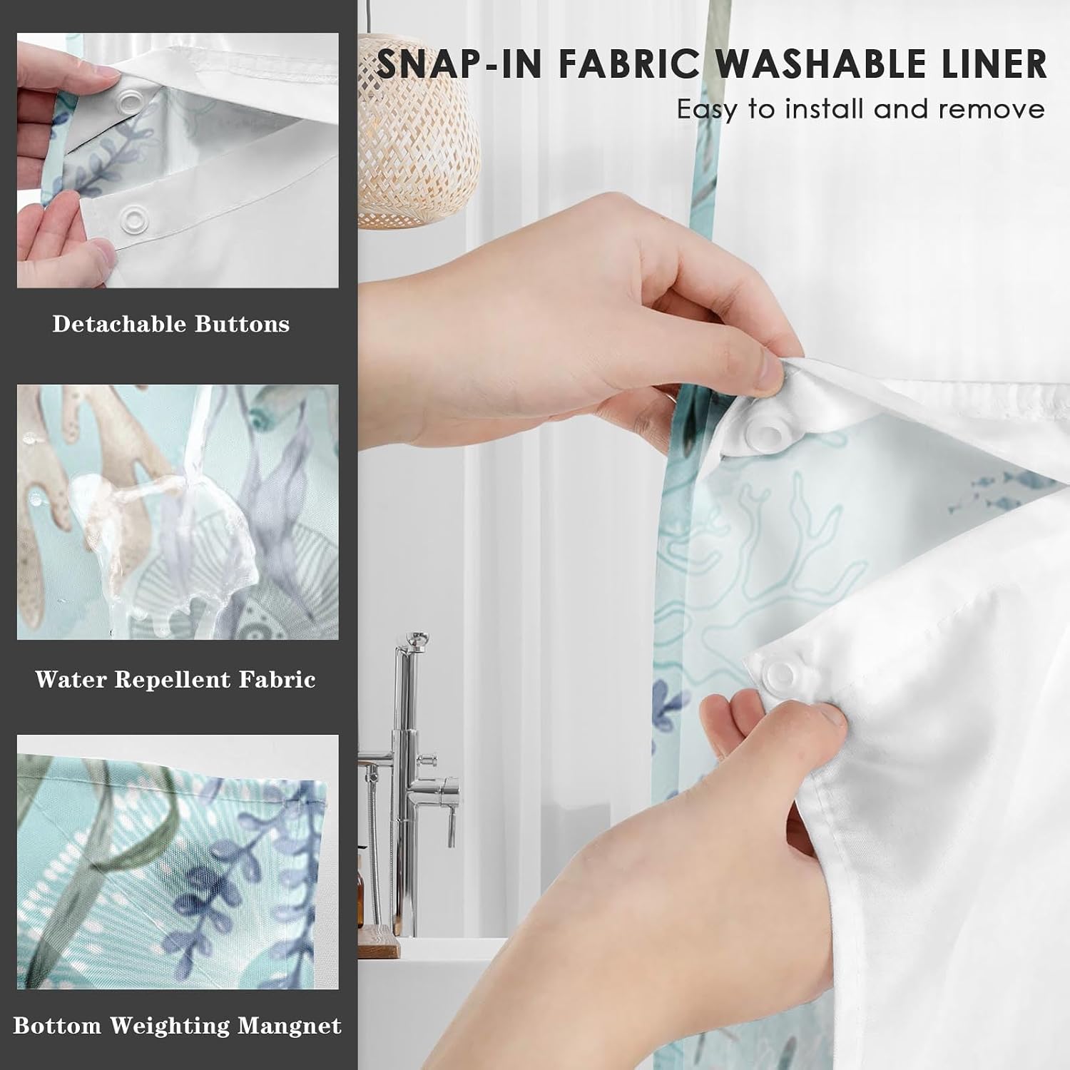 No Hook Nautical Blue Sea Turtles Shower Curtain with Snap in Fabric Liner Set, Ocean Beach Double Layers Waterproof Fabric with See Through Top Window Open Grommet Bath Curtain 71x74 Inch
