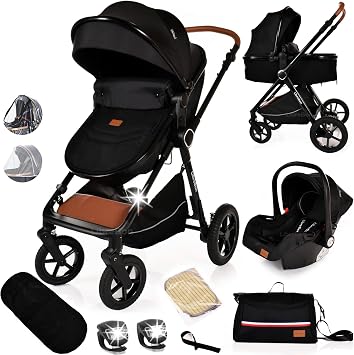 Baby Pram Pushchair Buggy Stroller 3 in 1 Child Lightweight Folding Stroller 3 in 1 Travel System Pram for Newborns Toddlers from Birth Aluminum Black - Black Frame