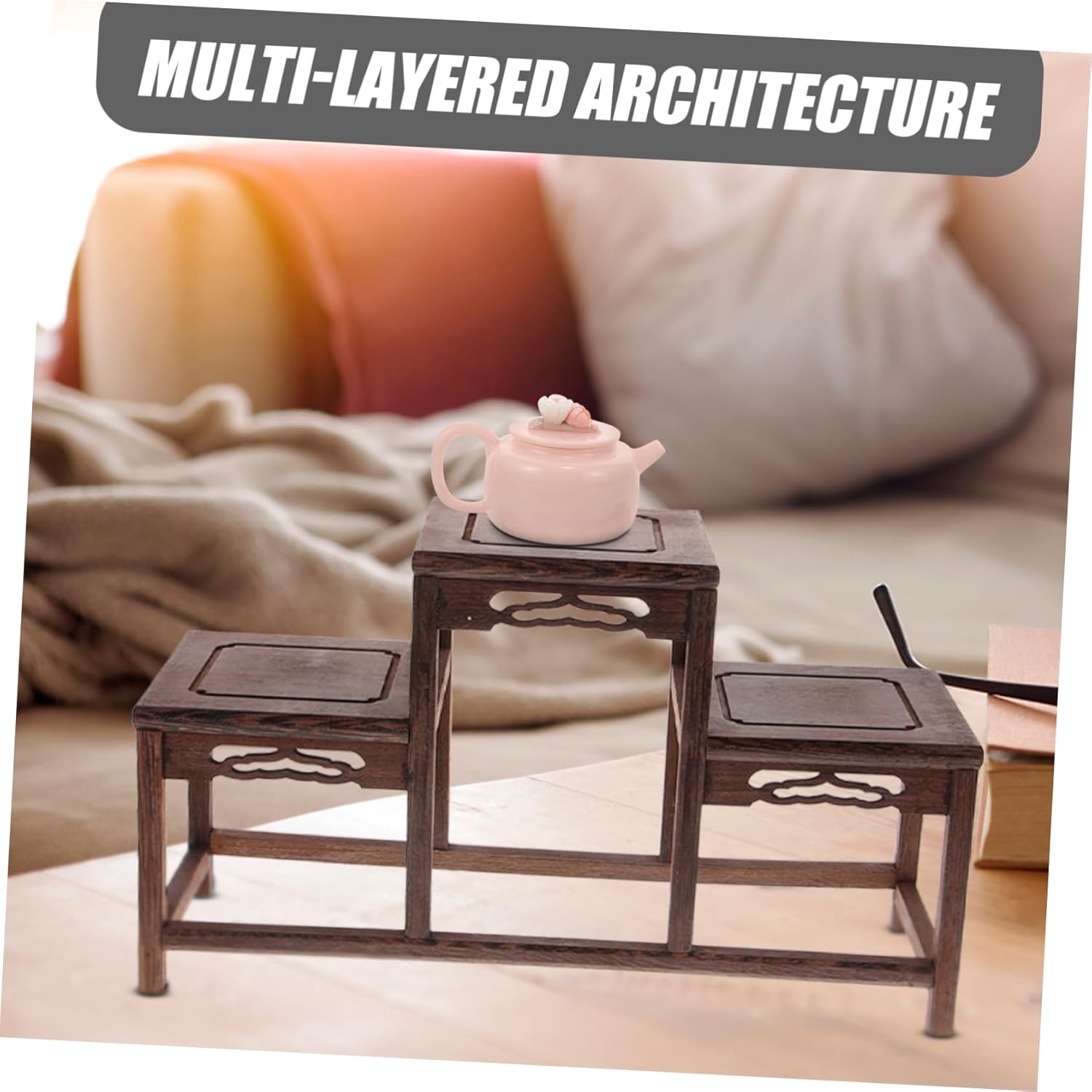 Wooden Display Stand Multiple Shelves Antique Curio Storage Rack for Home Decor Solid Wood Tea Set Display Shelf for Craft Shows and Collectibles